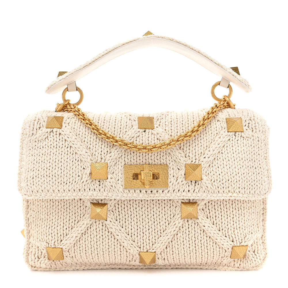 Valentino Garavani Ecru Knit Large Roman Stud Shoulder Bag Gold Hardware Front replica handbags