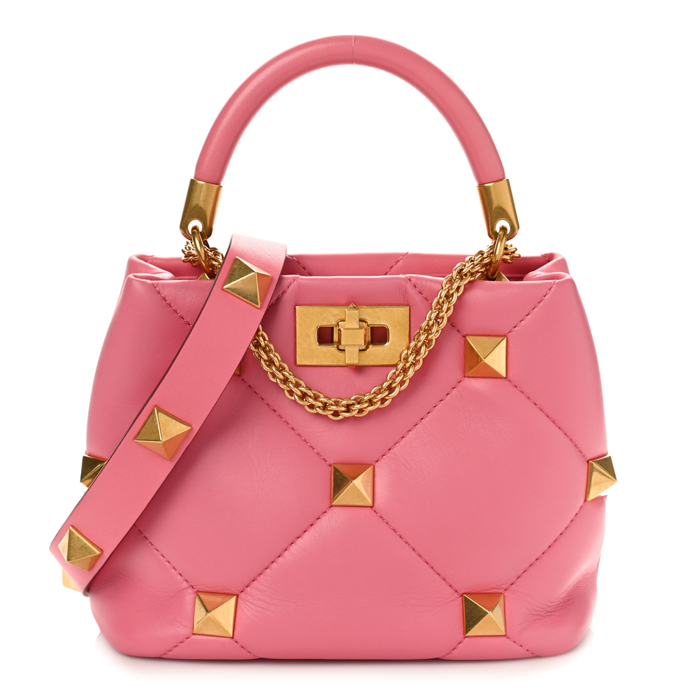 Valentino Garavani Flamingo Pink Nappa Leather Small Roman Stud The Handle Bag Gold Hardware Front replica handbags