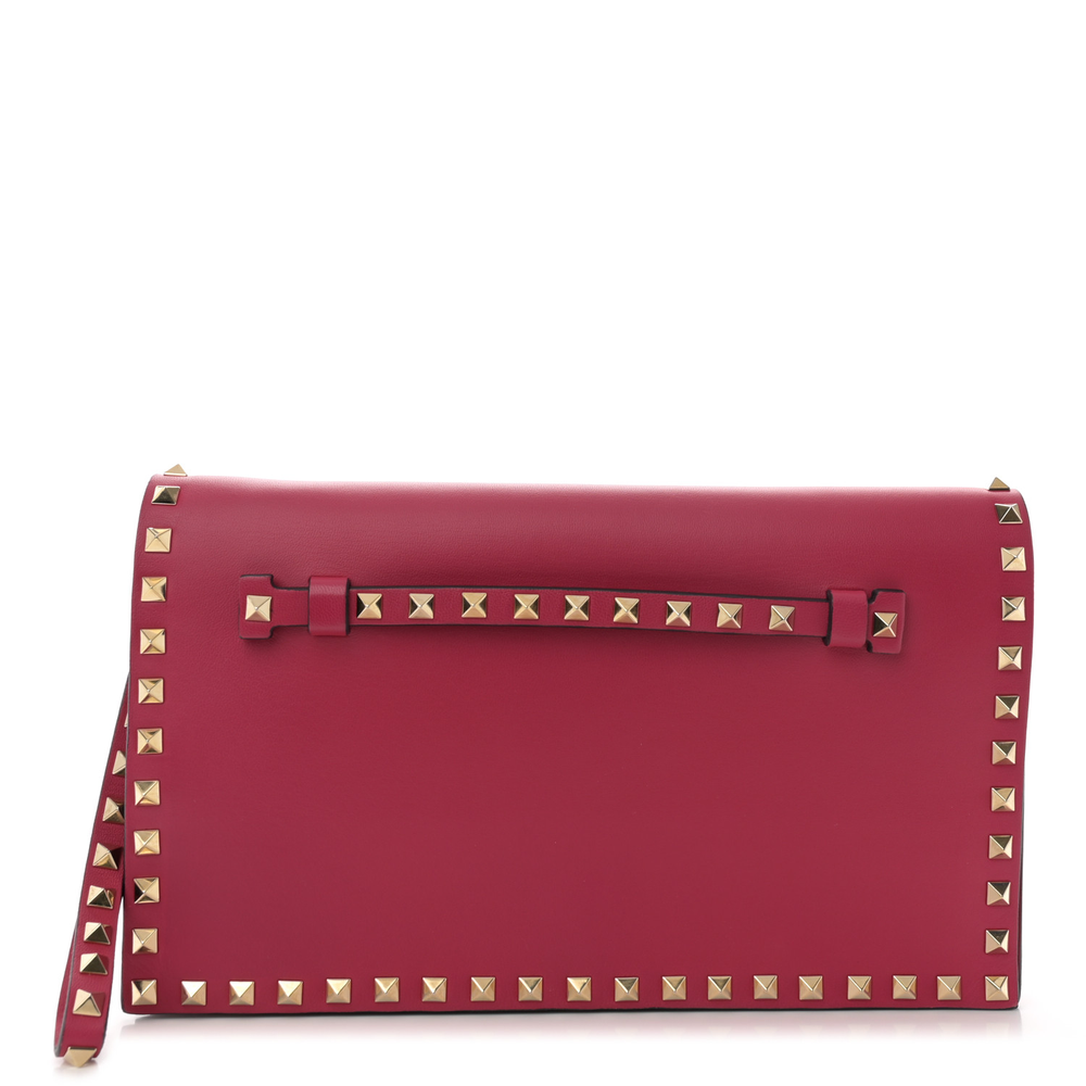 Valentino Garavani Fuxia Nappa Leather Small Rockstud Wristlet Clutch Gold Hardware Front replica handbags
