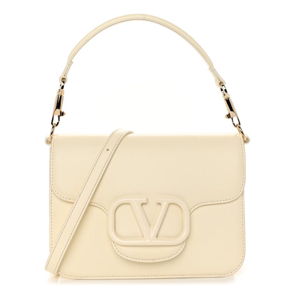 Valentino Garavani Ivory Calfskin Enamel Leather Small VLogo Locò Flap Shoulder Bag Front replica handbags