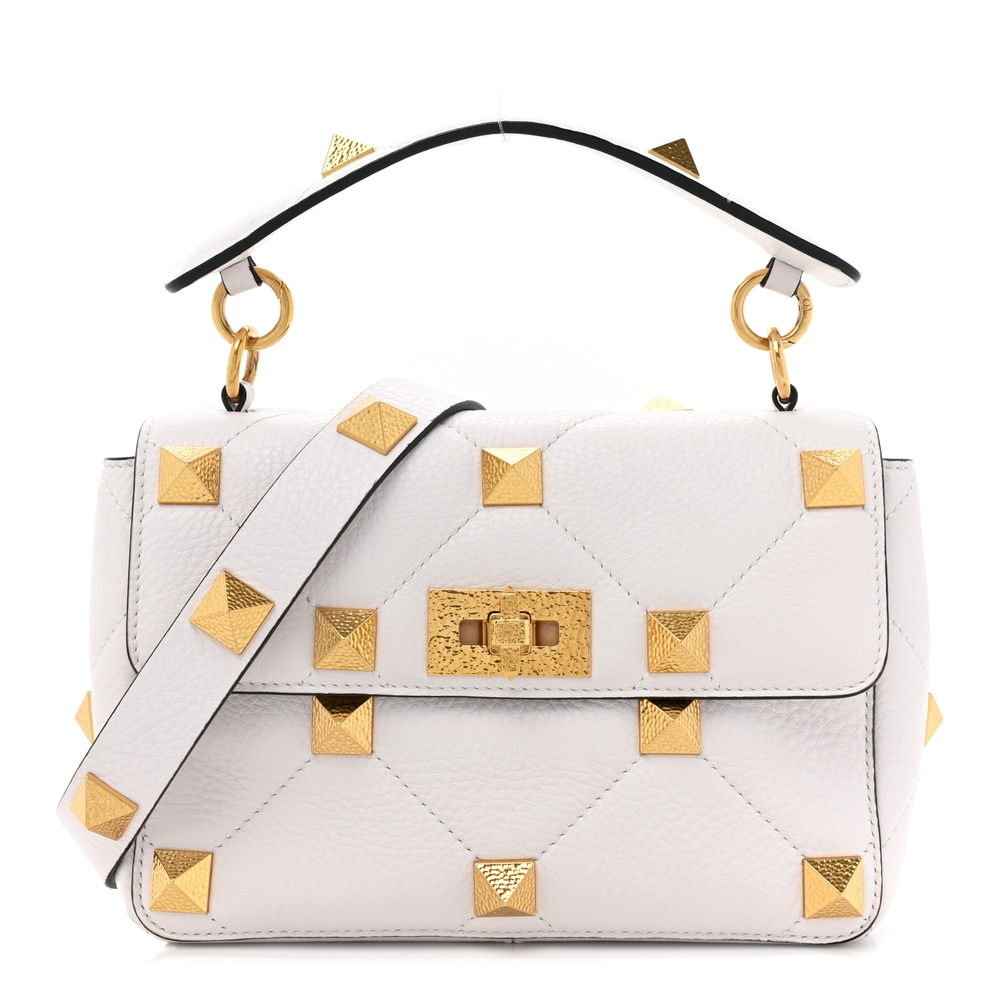 Valentino Garavani Ivory Grained Calfskin Leather Medium Roman Stud Shoulder Bag Light Gold Hardware Front replica handbags