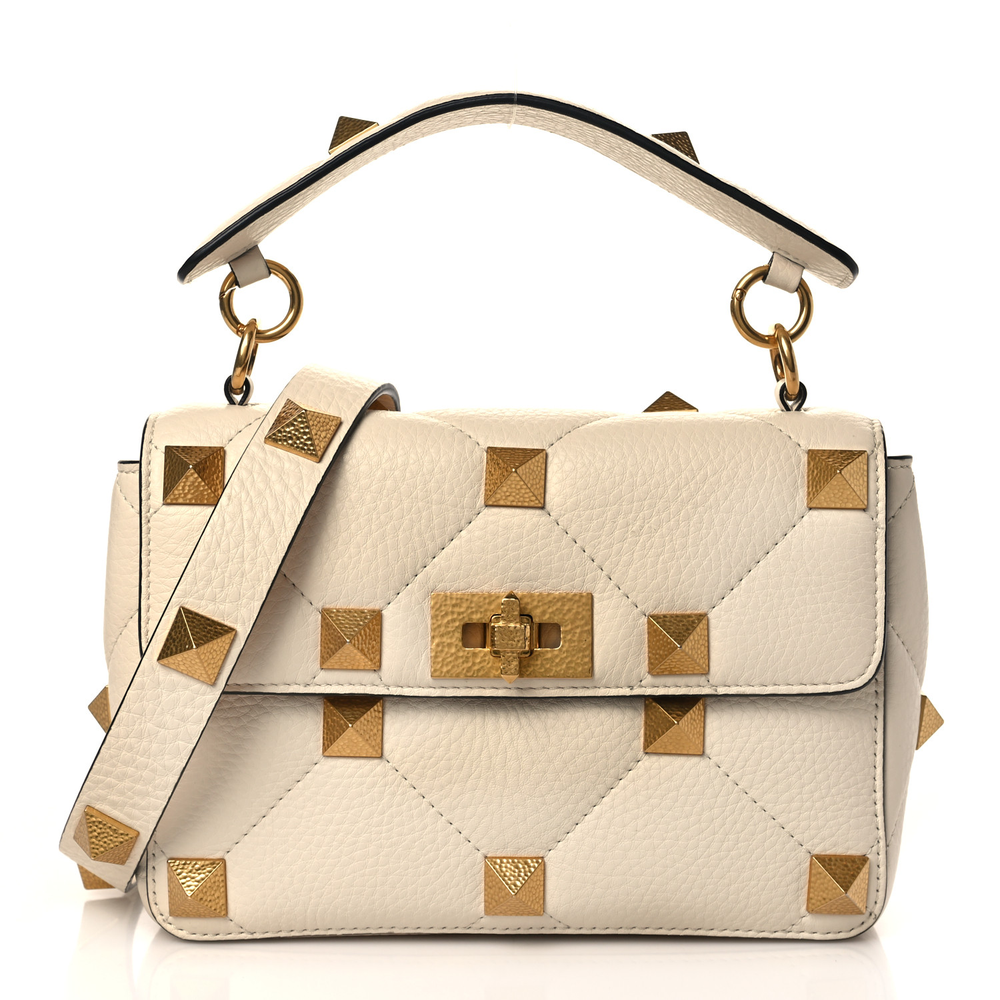 Valentino Garavani Light Ivory Grained Calfskin Leather Medium Roman Stud Shoulder Bag Light Gold Hardware Front replica handbags
