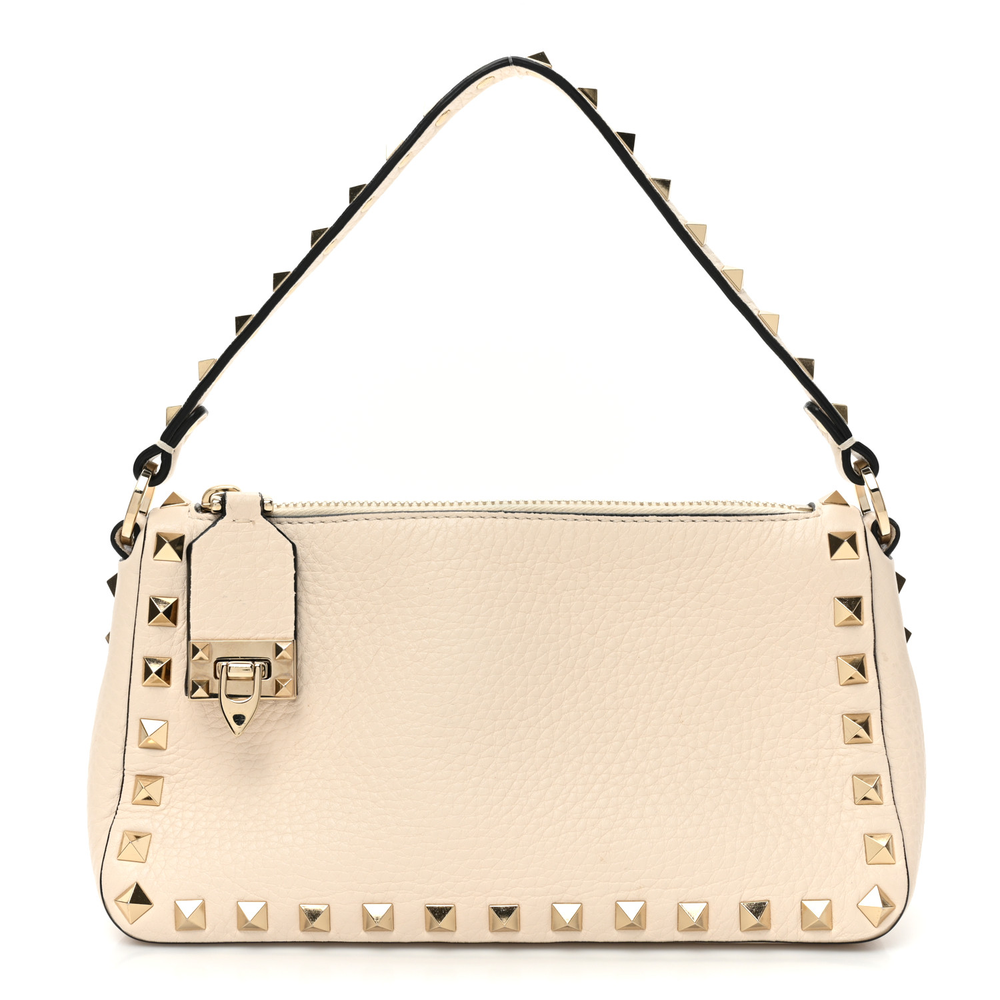 Valentino Garavani Light Ivory Pebbled Calfskin Leather Small Rockstud Flip Lock Shoulder Bag Light Gold Hardware Front replica handbags