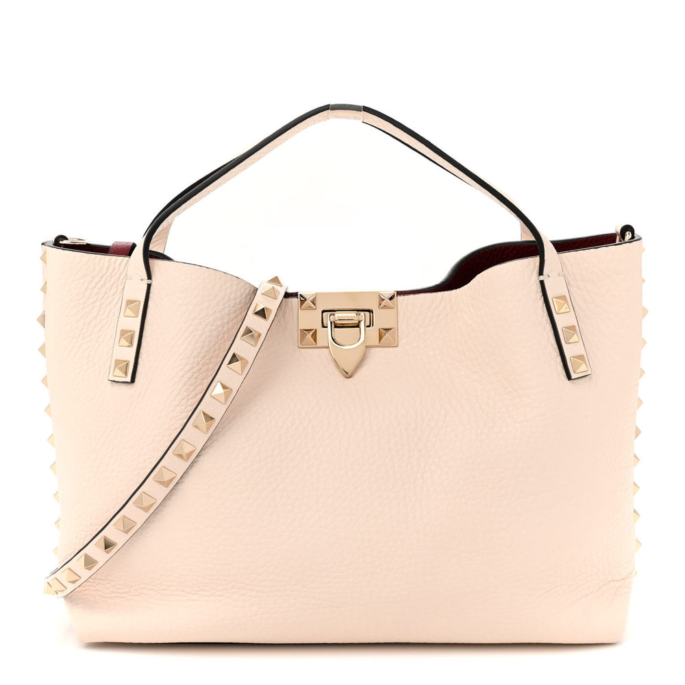 Valentino Garavani Light Ivory_Rubino Grained Calfskin Leather Small Rockstud Flip Lock Tote Bag Gold Hardware Front replica handbags