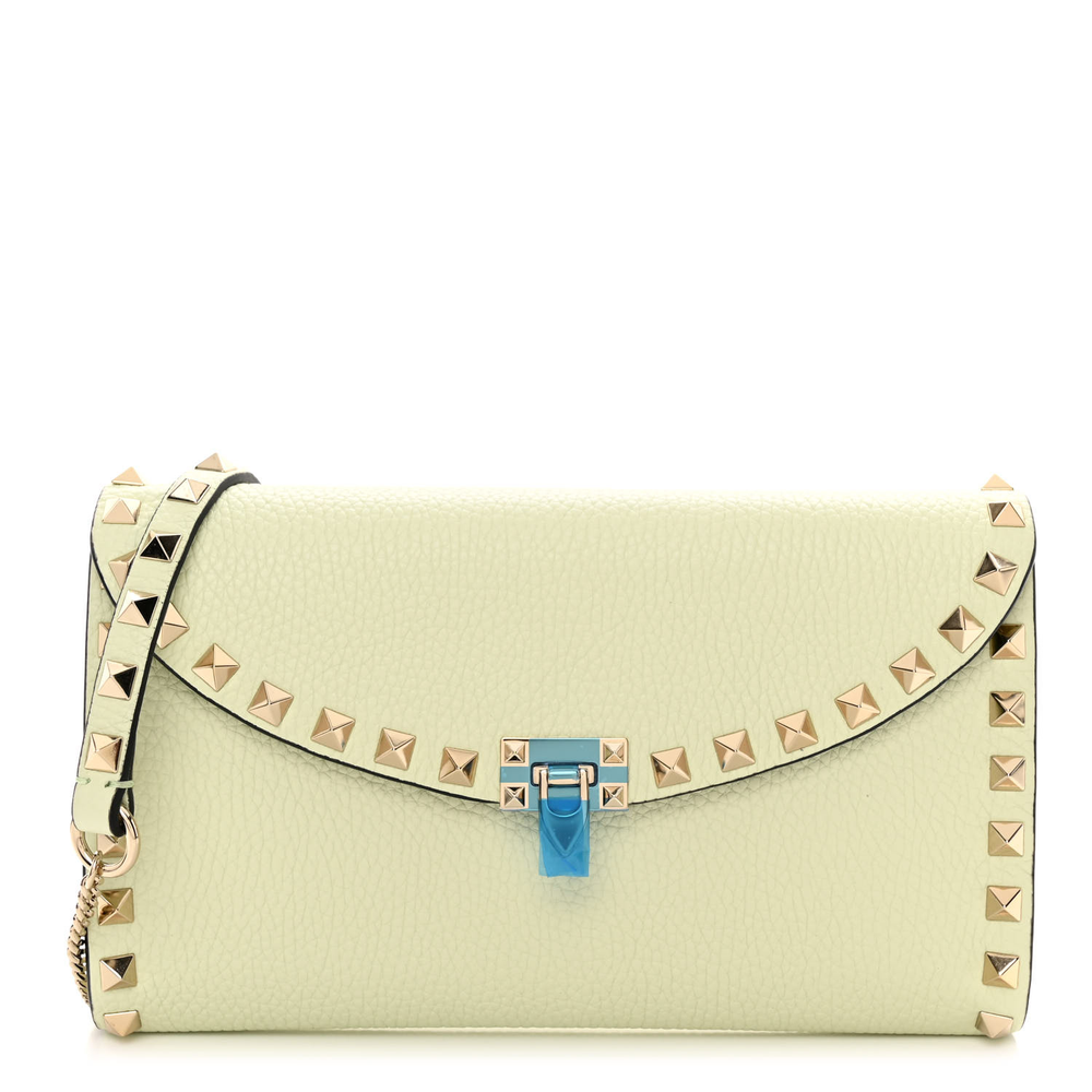 Valentino Garavani Meadow Mist Grainy Calfskin Leather Small Rockstud Flip Lock Wallet with Chain Gold Hardware Front replica handbags
