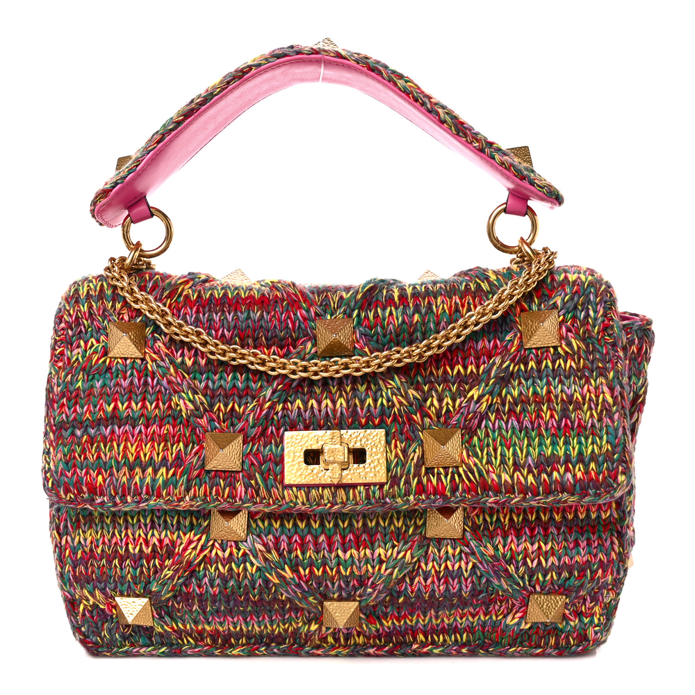 Valentino Garavani Multicolor Feminine Pink Wool Woven Large Roman Stud Shoulder Bag Gold Hardware Front replica handbags