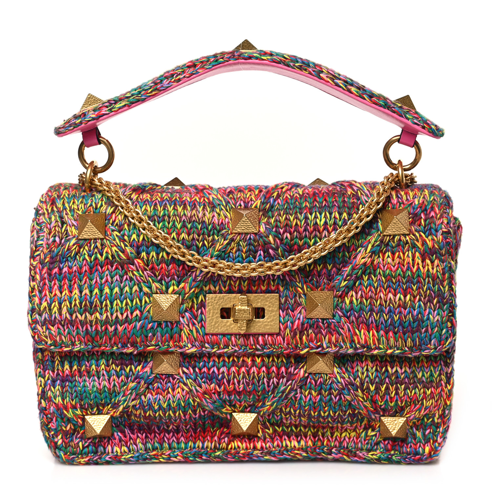 Valentino Garavani Multicolor Feminine Pink Wool Woven Medium Roman Stud Shoulder Bag Gold Hardware Front replica handbags