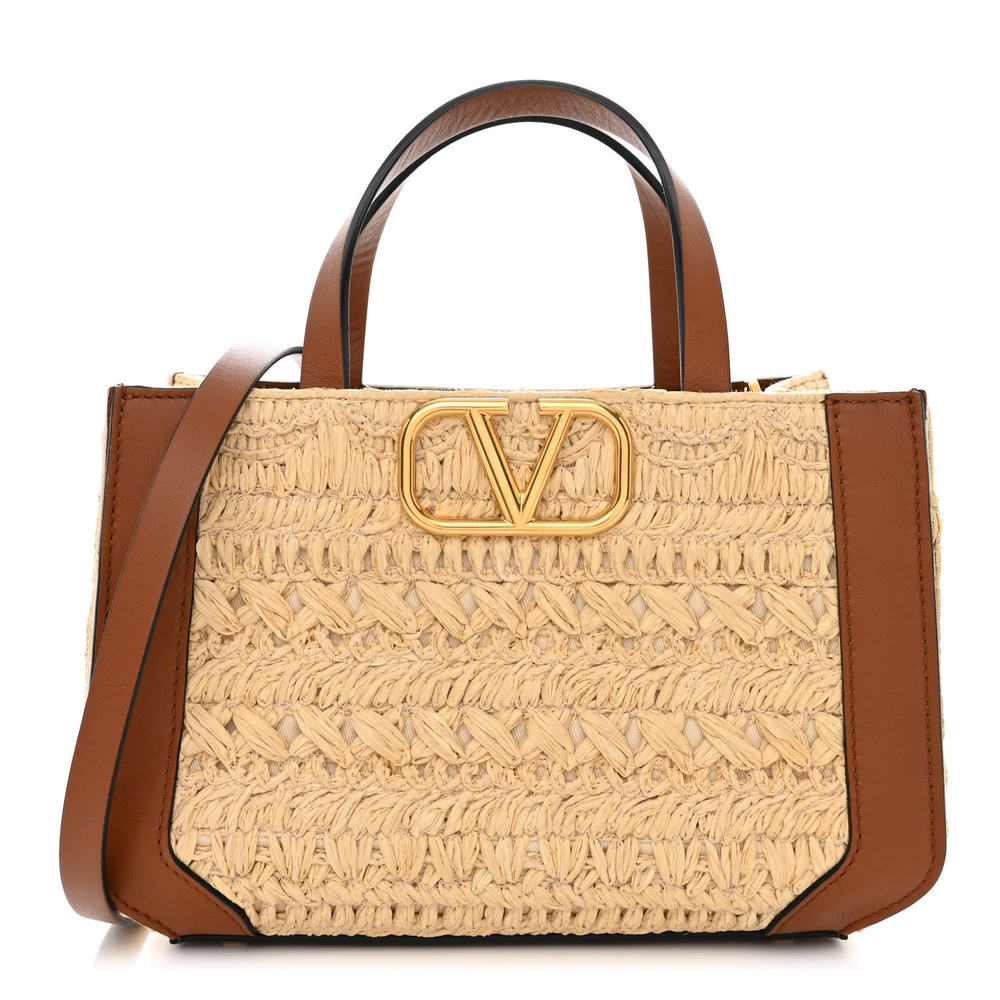 Valentino Garavani Natural_Saddle Brown Raffia & Calfskin Leather Small VLogo Signature Tote Gold Hardware Front replica handbags