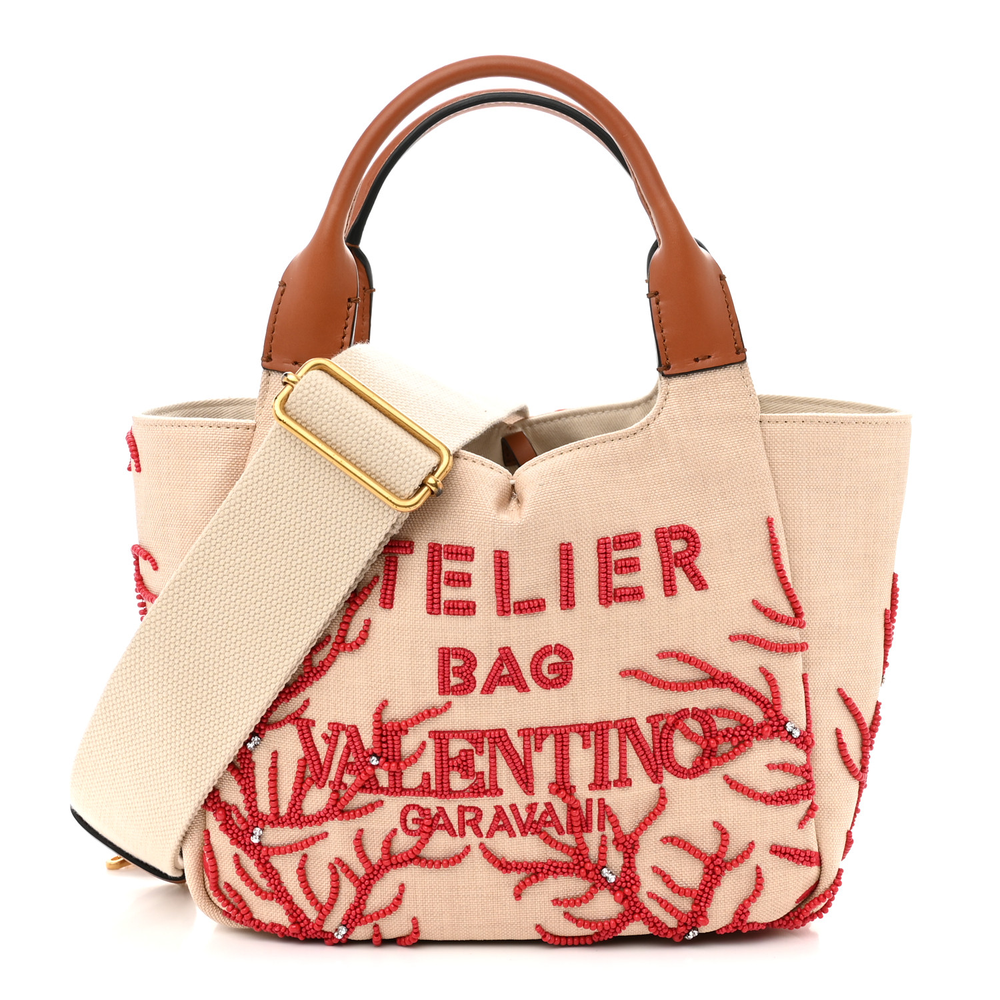 Valentino Garavani Naturale_Red Beaded Canvas Large Atelier Print Tote Bag Gold Hardware Front replica handbags