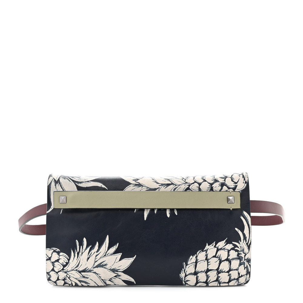 Valentino Garavani Navy Vitello Leather Medium Pineapple Print Clutch Silver Hardware Front replica handbags