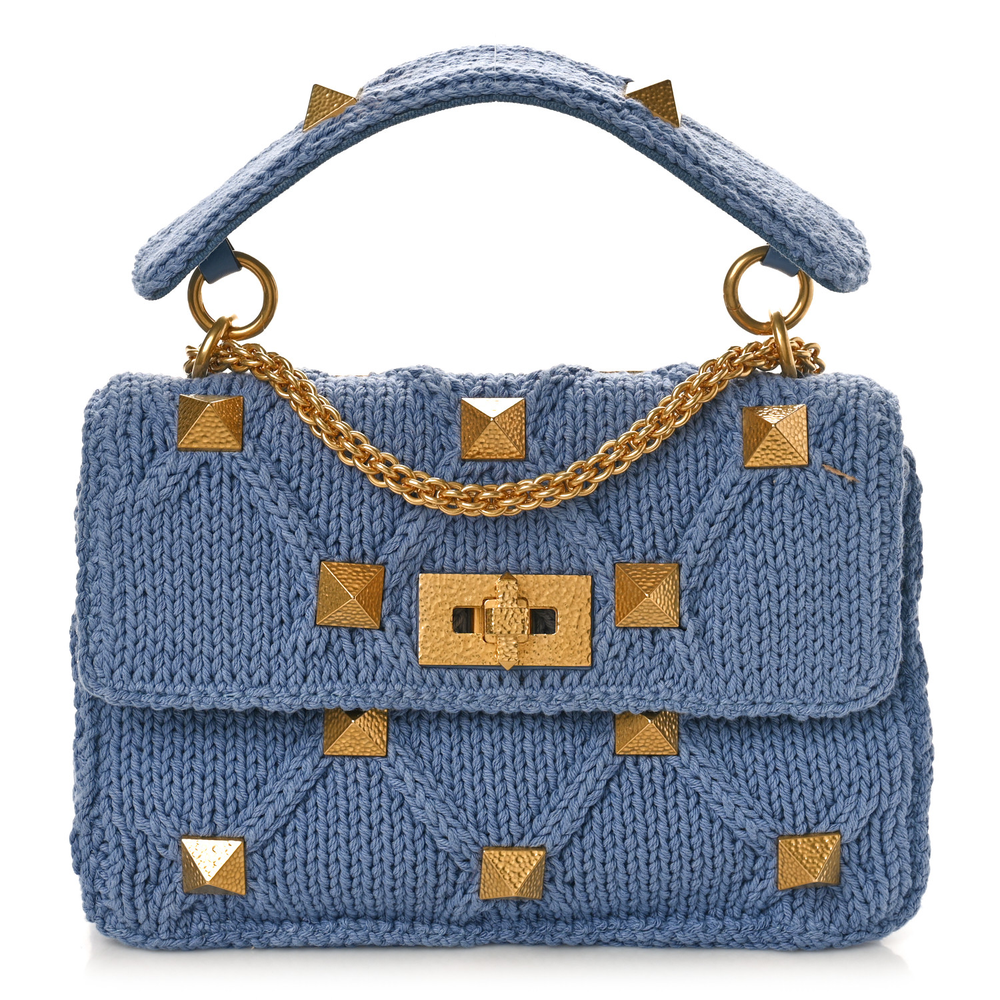 Valentino Garavani Niagara Knit Medium Roman Stud Shoulder Bag Gold Hardware Front replica handbags