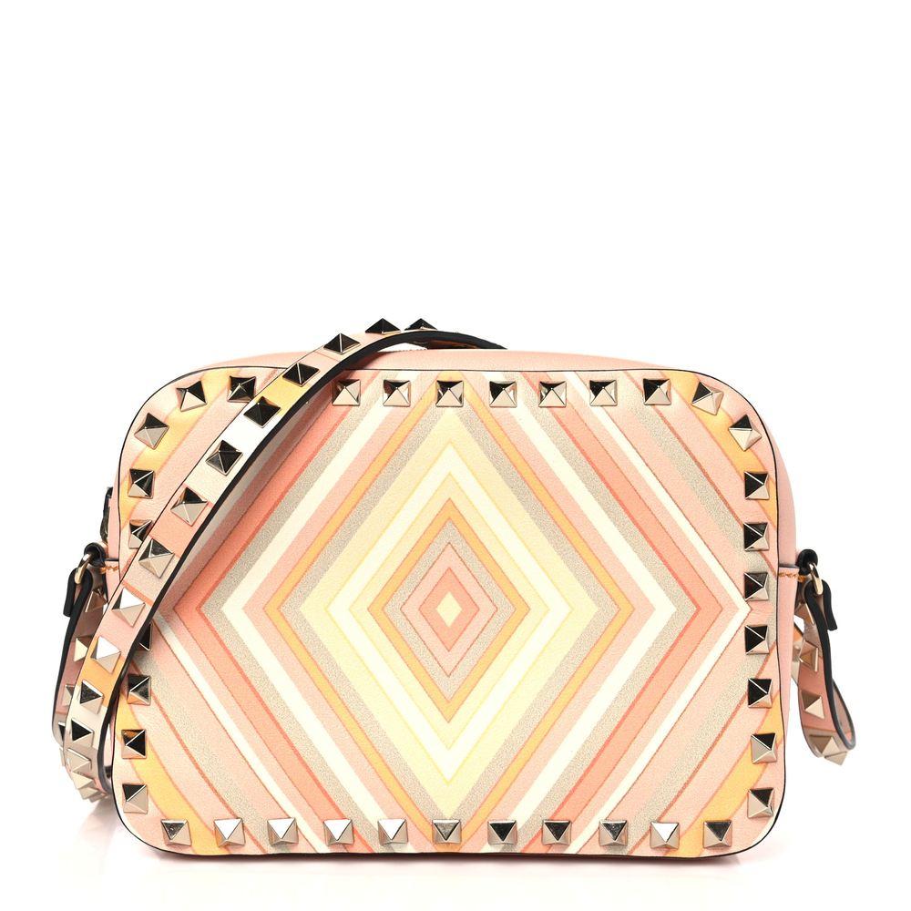 Valentino Garavani Orange Multicolor Vitello Leather Small Native Couture 1975 Rockstud Camera Crossbody Bag Gold Hardware Front replica handbags