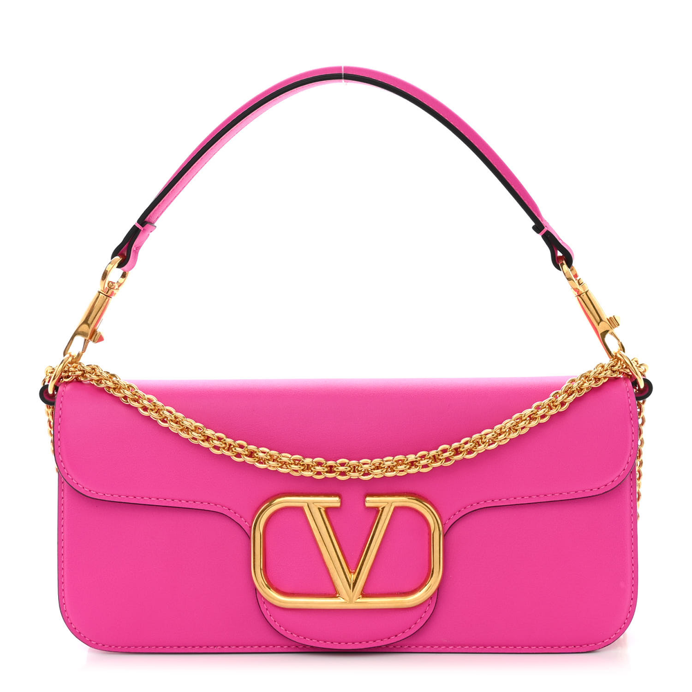 Valentino Garavani Pink PP Calfskin Leather Small VLogo Loco Shoulder Bag Gold Hardware Front replica handbags