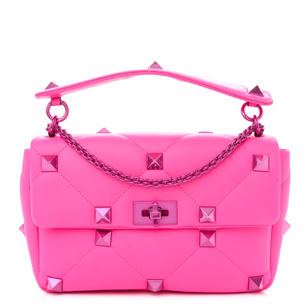 Valentino Garavani Pink PP Lacquer Monochrome Nappa Leather Large Roman Stud Shoulder Bag Incognito Hardware Front replica handbags