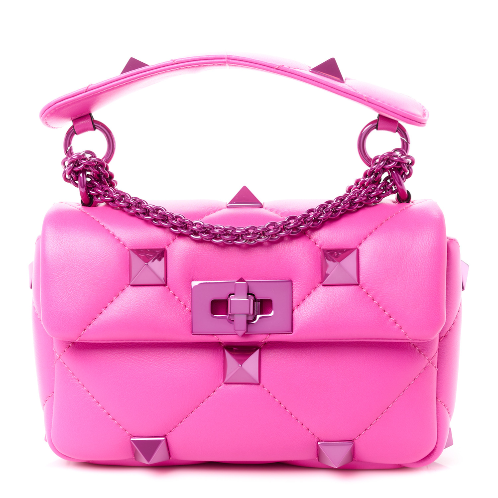 Valentino Garavani Pink PP Lacquer Monochrome Nappa Leather Small Roman Stud Shoulder Bag Incognito Hardware Front replica handbags