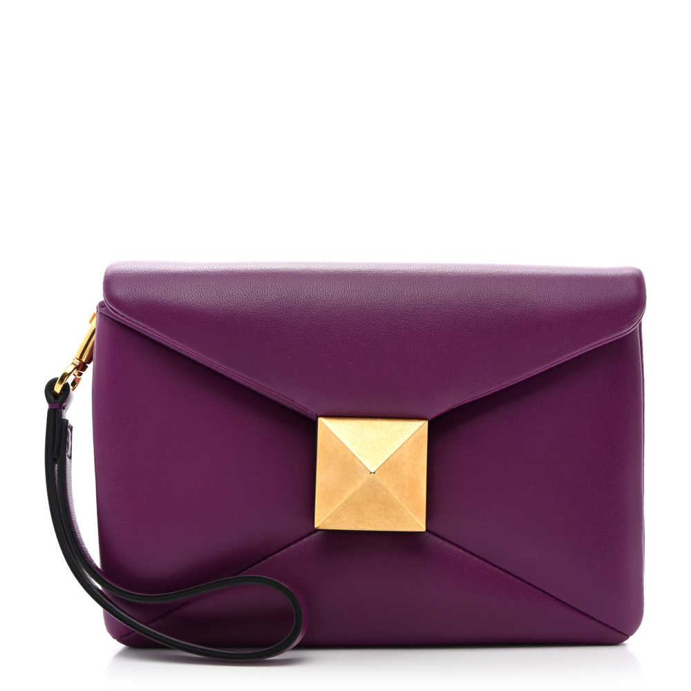 Valentino Garavani Prune Nappa Leather Small One Stud Wristlet Clutch Bag Light Gold Hardware Front replica handbags