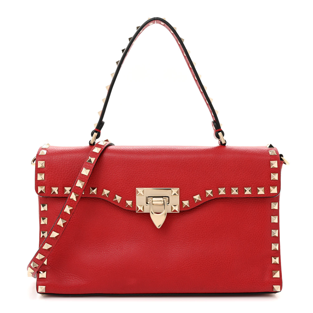 Valentino Garavani Red Pebbled Calfskin Leather Medium Rockstud Top Handle Shoulder Bag Light Gold Hardware Front replica handbags