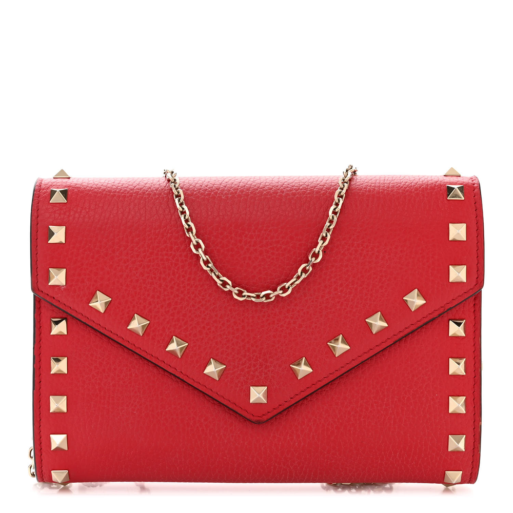 Valentino Garavani Rosso Valentino Pebbled Calfskin Leather Mini Rockstud Envelope Wallet on Chain Gold Hardware Front replica handbags
