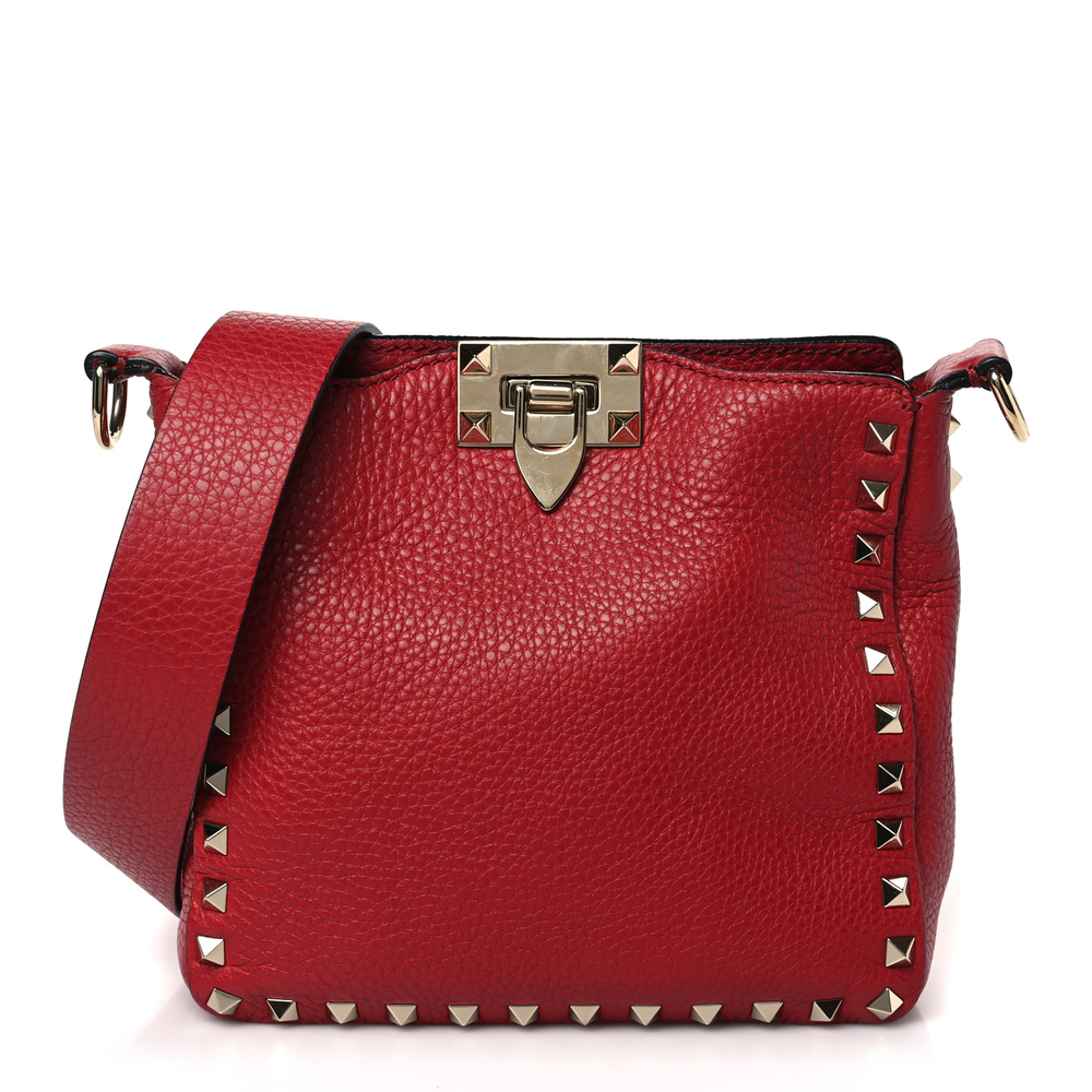 Valentino Garavani Rosso Valentino Pebbled Calfskin Leather Mini Rockstud Flip-Lock Messenger Bag Light Gold Hardware Front replica handbags