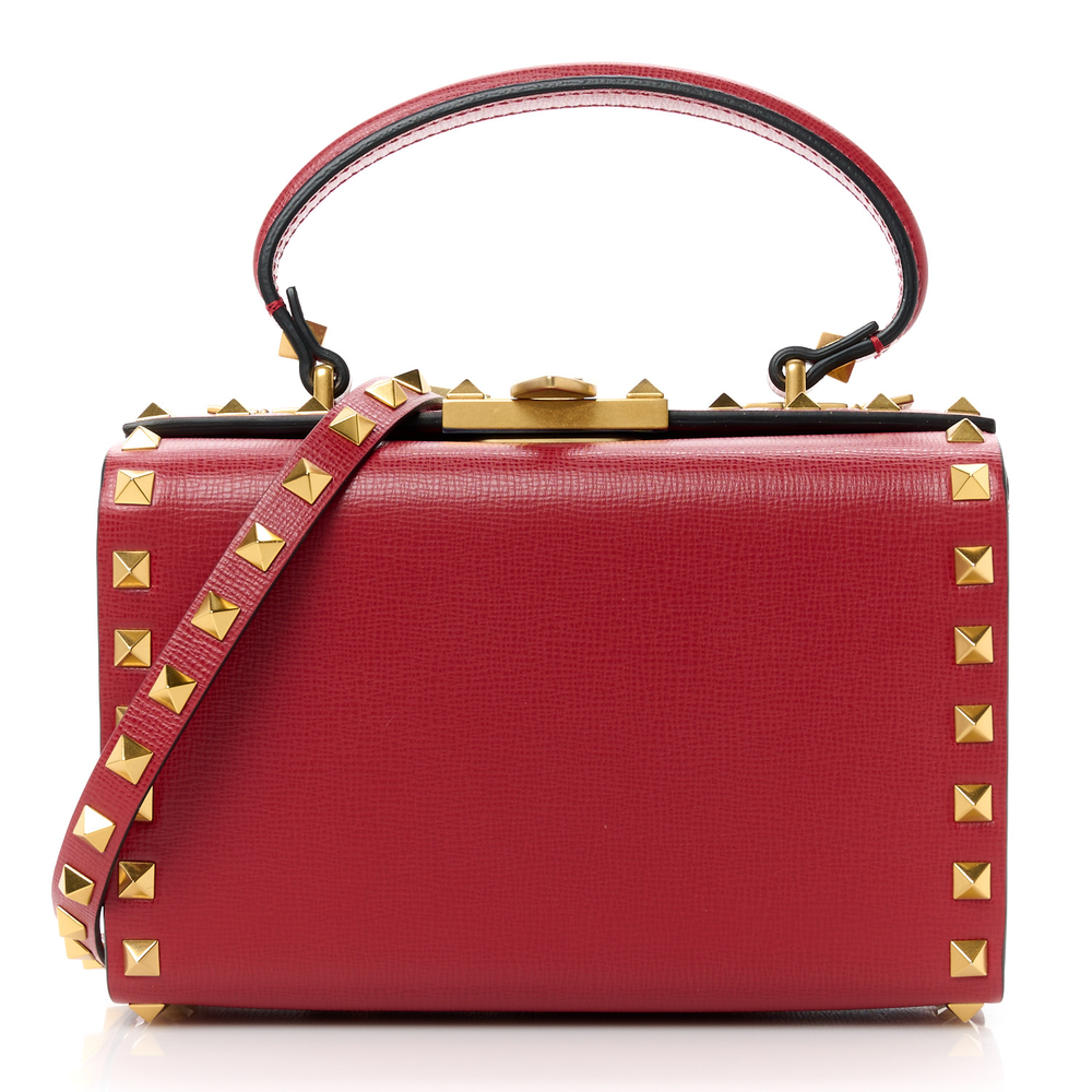 Valentino Garavani Rouge Pur Grainy Calfskin Leather Small Rockstud Alcove Box Top Handle Bag Front replica handbags