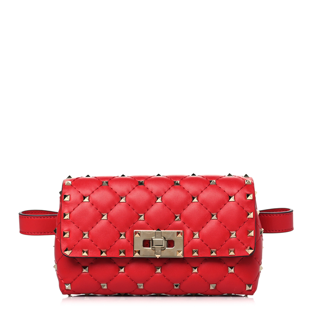 Valentino Garavani Rouge Pur Nappa Leather Mini Rockstud Spike Belt Bag Light Gold Hardware Front replica handbags