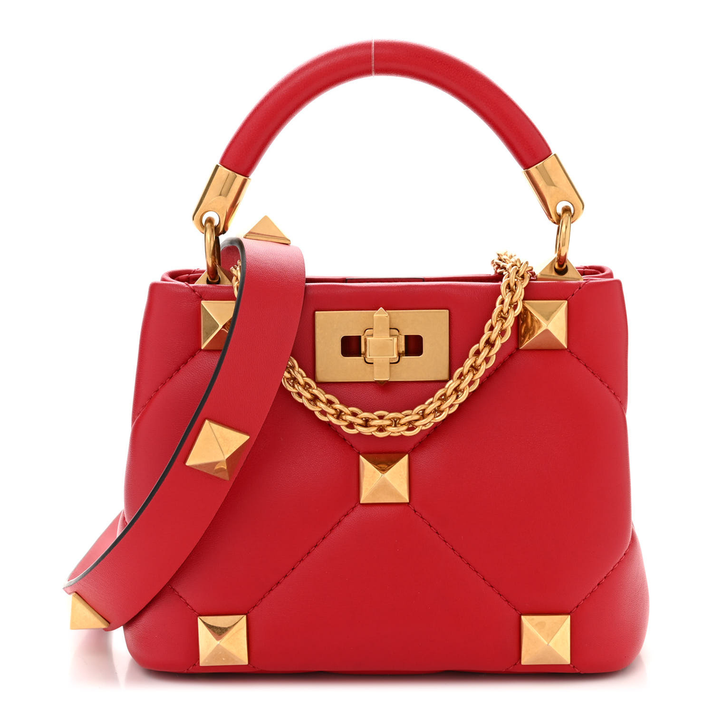 Valentino Garavani Rouge Pur Nappa Leather Small Roman Stud The Handle Bag Gold Hardware Front replica handbags