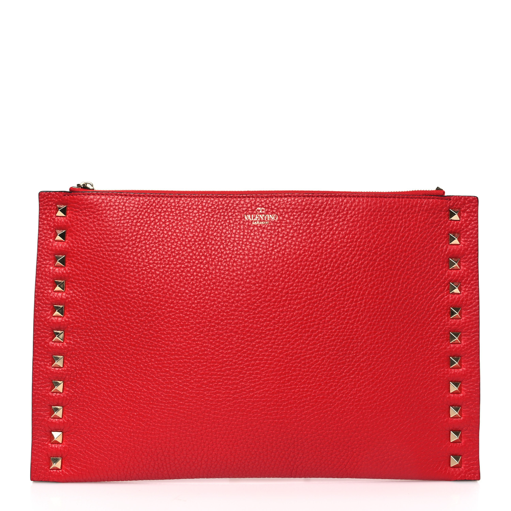 Valentino Garavani Rouge Pur Pebbled Calfskin Leather Large Rockstud Flat Zip Pouch Gold Hardware Front replica handbags