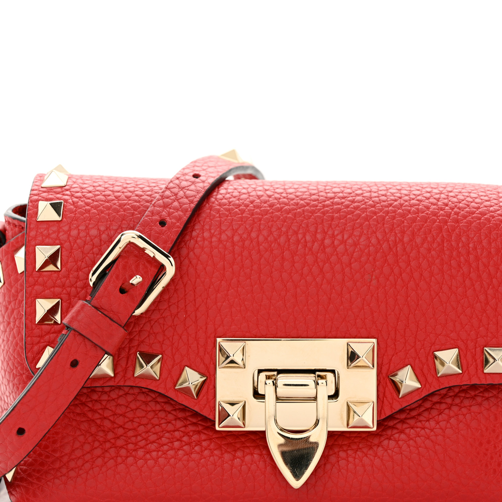 Valentino Garavani Rouge Pur Pebbled Calfskin Leather Mini Rockstud Crossbody Bag Light Gold Hardware Detail replica handbags