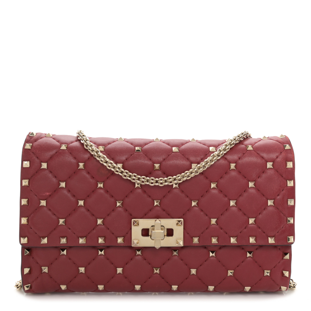 Valentino Garavani Rubino Nappa Leather Small Rockstud Spike Wallet on Chain Light Gold Hardware Front replica handbags