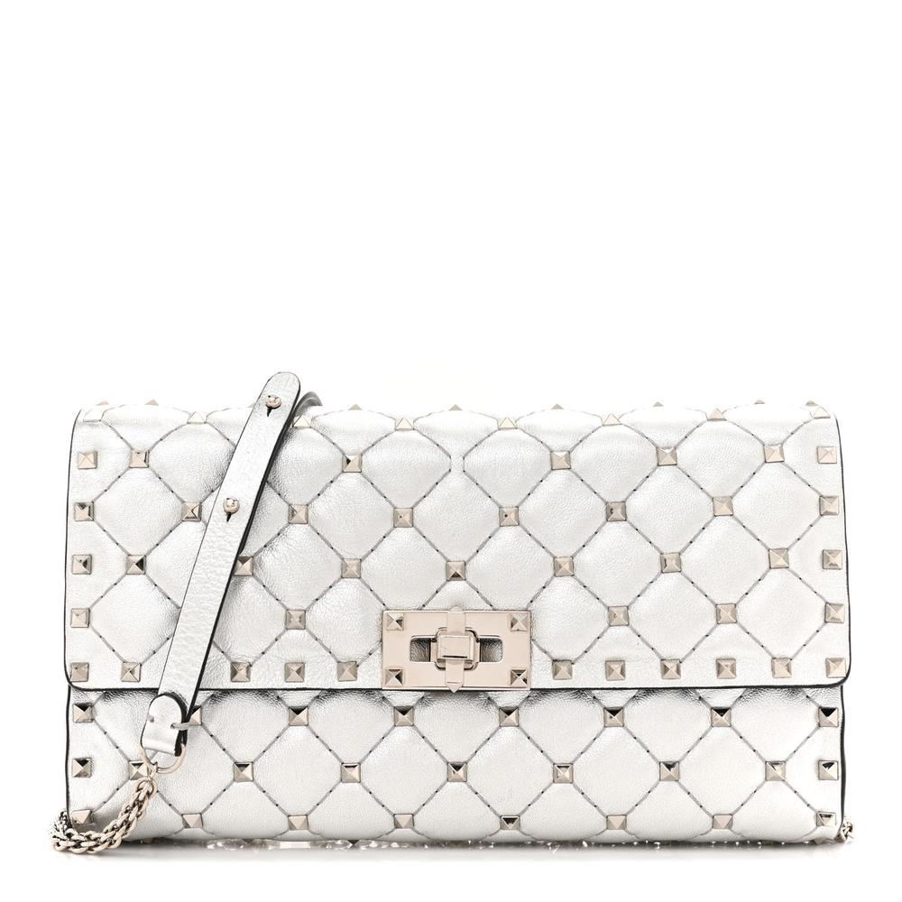 Valentino Garavani Silver Metallic Nappa Leather Small Rockstud Spike Wallet on Chain Front replica handbags