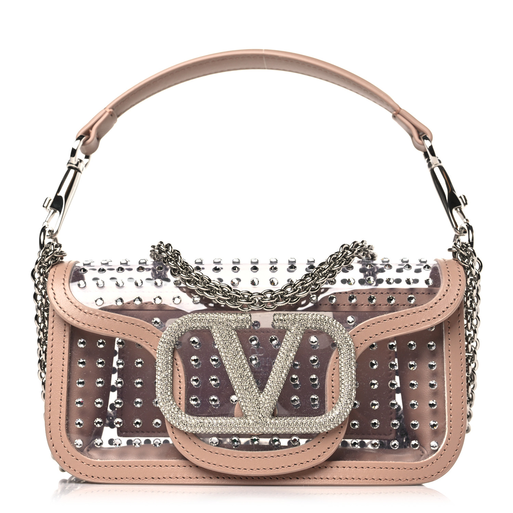 Valentino Garavani Trasparente_Crystal_Rose Cannelle TPU & Crystal Embellished Calfskin Leather Small VLogo Locò Shoulder Bag Palladium Hardware Front replica handbags