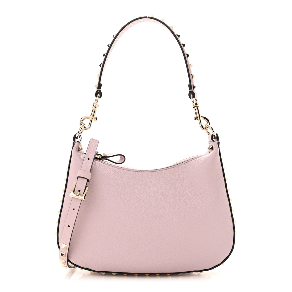 Valentino Garavani Water Lilac Grained Calfskin Leather Small Rockstud Hobo Bag Gold Hardware Front replica handbags