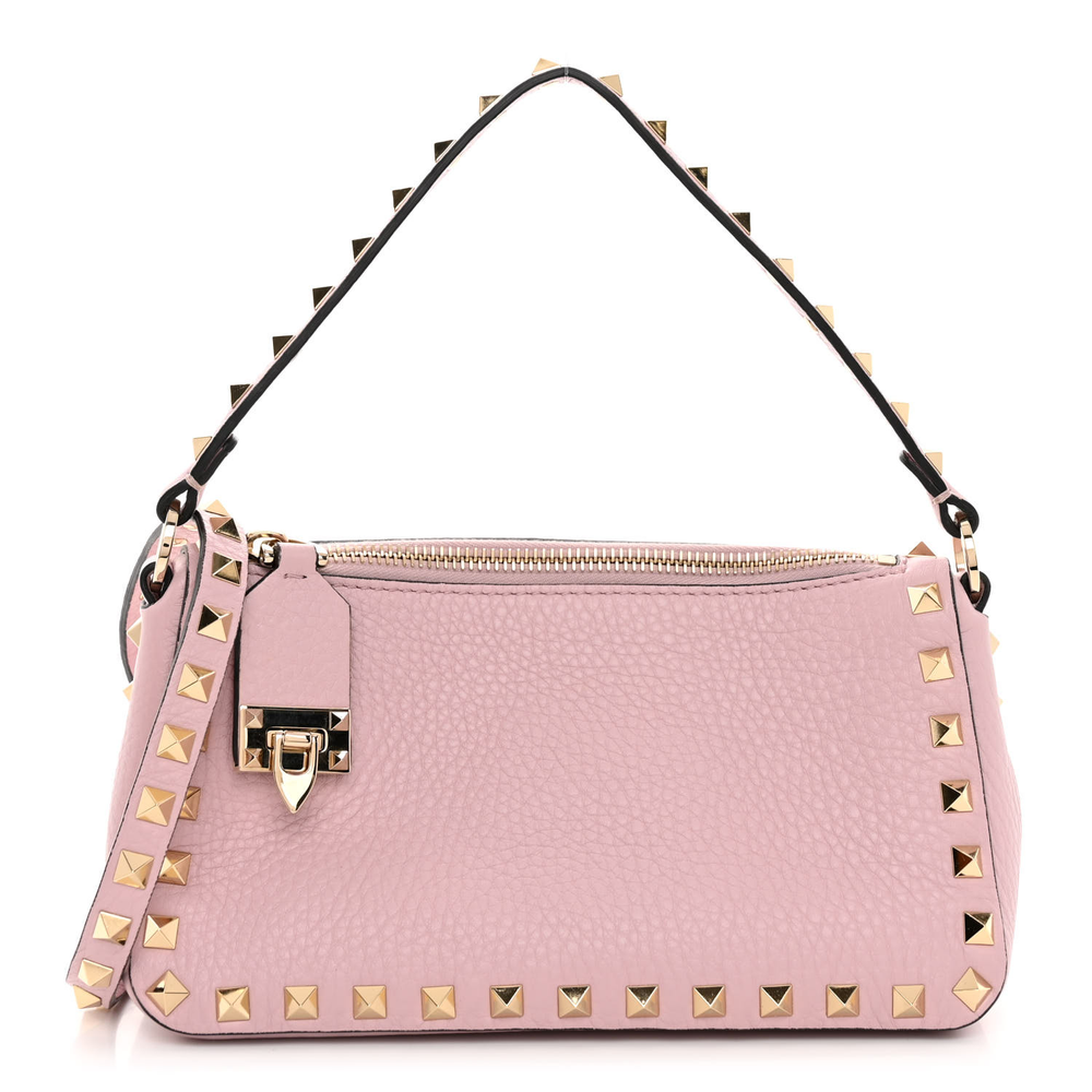 Valentino Garavani Water Rose Pebbled Calfskin Leather Small Rockstud Flip Lock Shoulder Bag Gold Hardware Front replica handbags