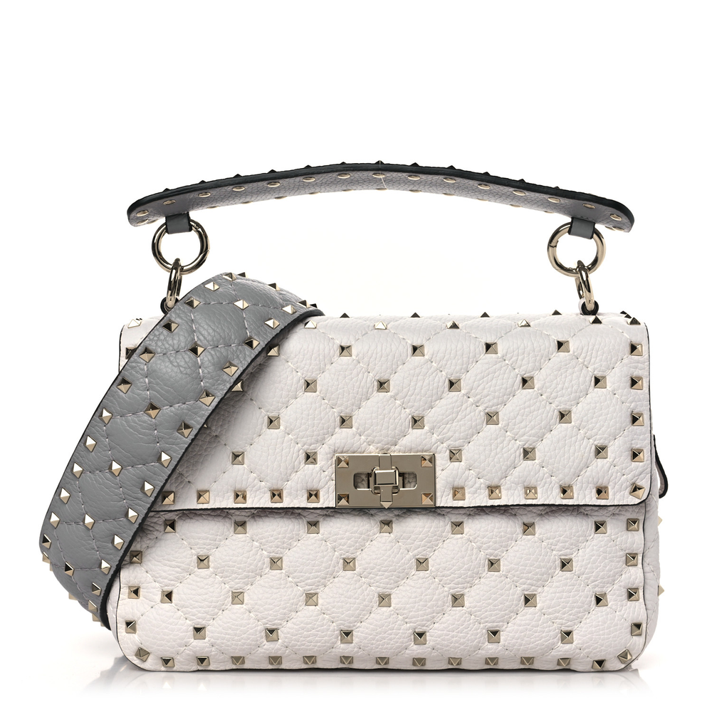 Valentino Garavani White_Grey Grained Calfskin Leather Medium Rockstud Spike Shoulder Bag Gold Hardware Front replica handbags