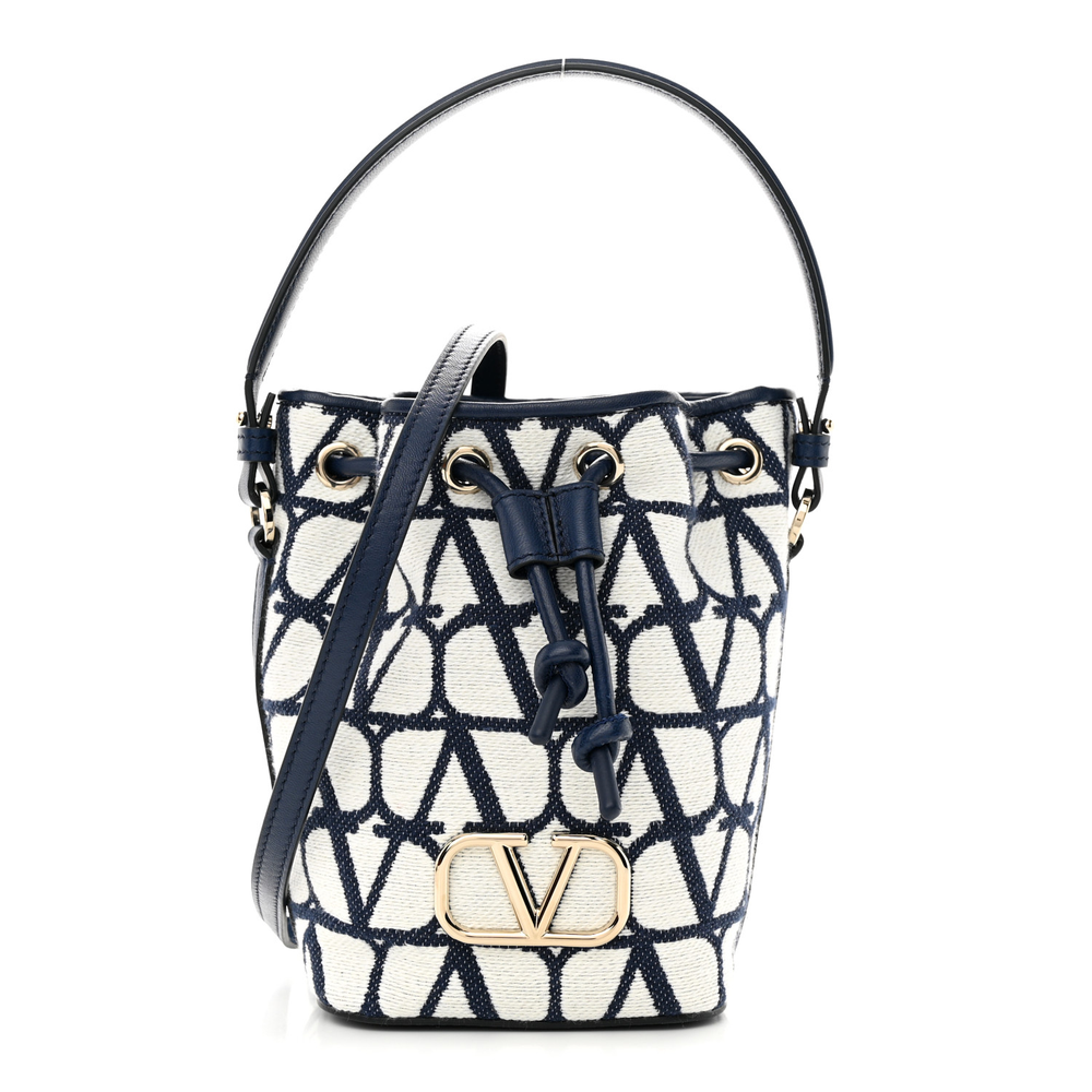 Valentino Garavani White_Worker Toile Iconographe Nappa Leather Mini VLogo Signature Bucket Bag Gold Hardware Front replica handbags